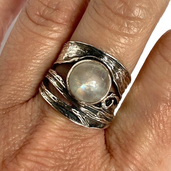 Sterling Silver 925 YS India Modernist Moonstone Wide Band Ring Sz 7.5-7.75 - Picture 2 of 16